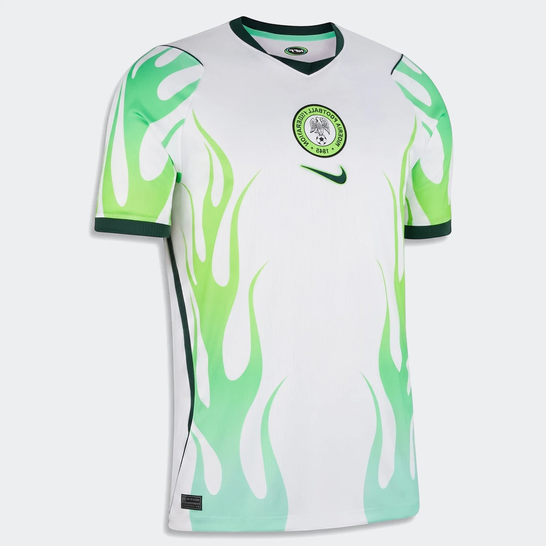 Nigeria 2026 Stadium Away Men's Nike Dri-Fit Soccer Replica Jersey, white with vibrant green flame graphic and dark green