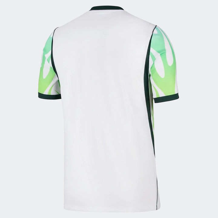 Nigeria 2026 Stadium Away Men's Nike Dri-Fit Soccer Replica Jersey, back view, in white with green flame graphics.
