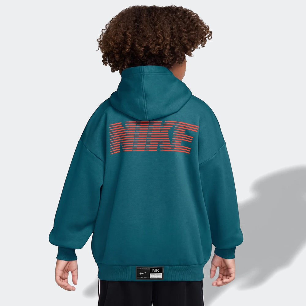 Nike Big Kids' Dri-Fit Basketball Hoodie in teal, featuring an orange striped Nike logo on the back, worn by a young person.