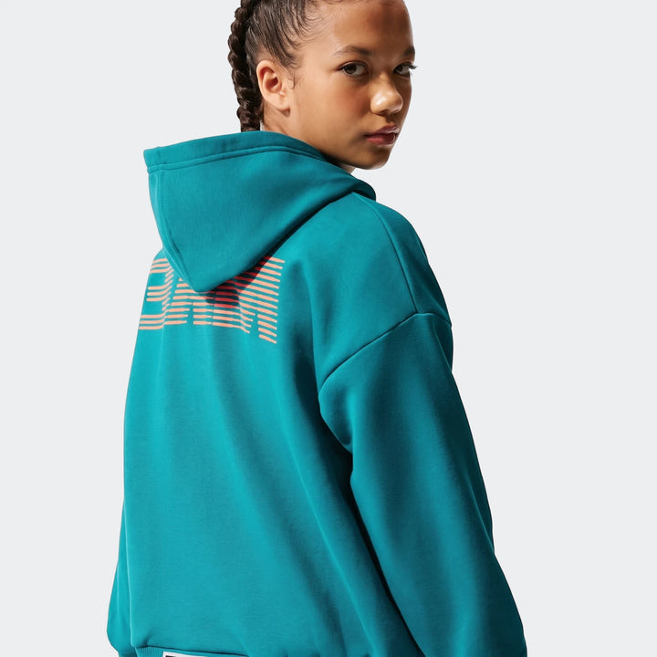 Young person wearing a teal Nike Big Kids' Dri-Fit Basketball Hoodie with an orange logo, shown from the back looking over