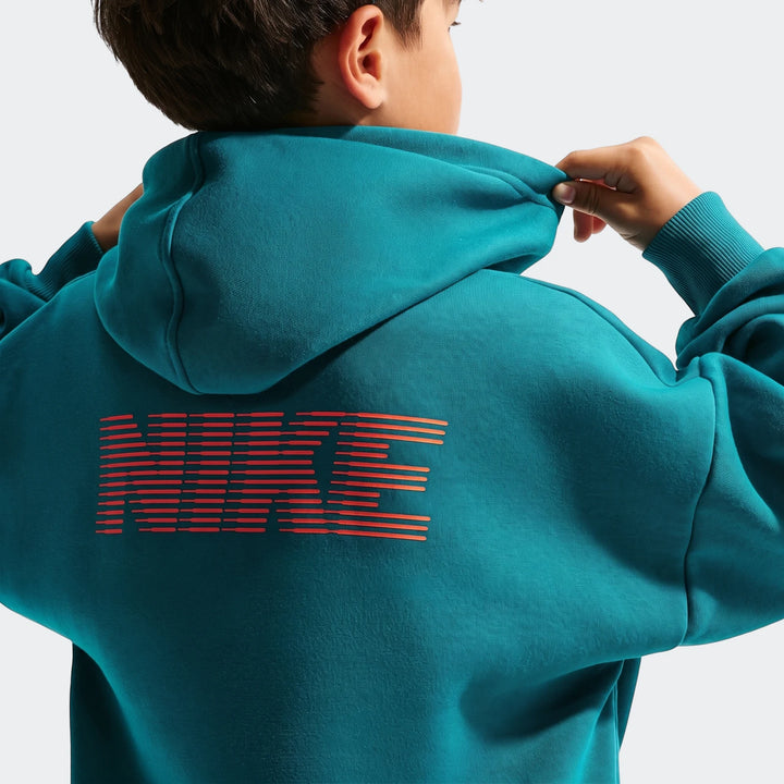 Nike Big Kids' Dri-Fit Basketball Hoodie in teal, shown from the back with a red striped logo and ribbed cuffs.