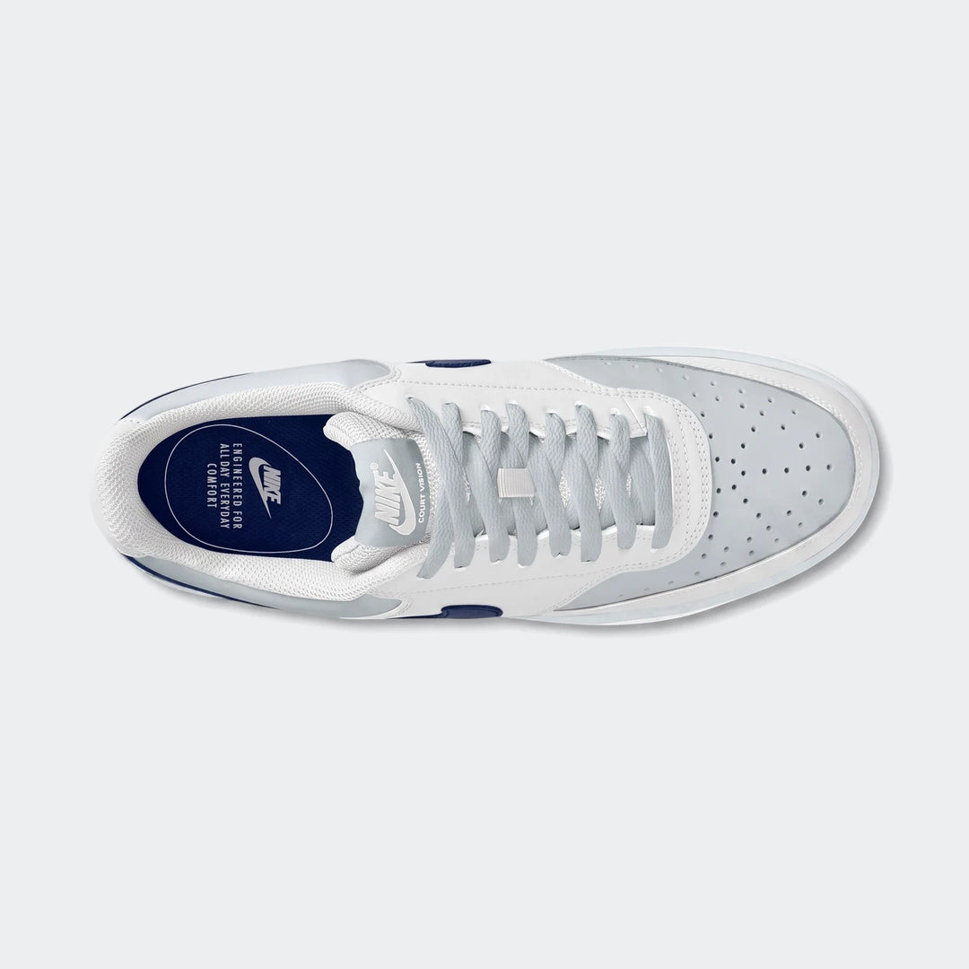 Top-down view of white and light blue Nike Court Vision Low men's shoes with dark blue accents and white laces.