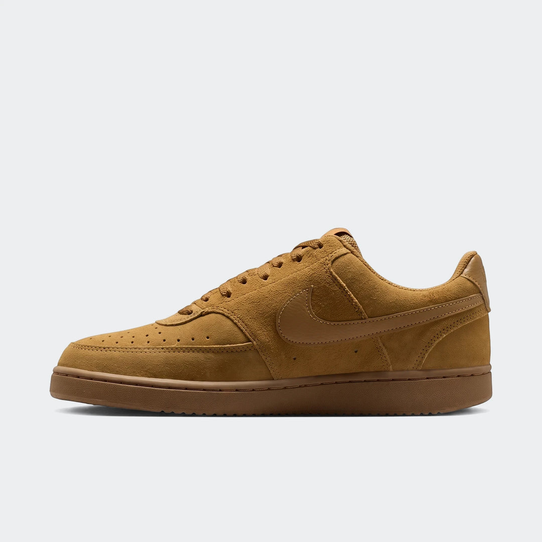 Nike Court Vision Low Suede Premium Men's Shoes in tan suede, shown in a side profile view.