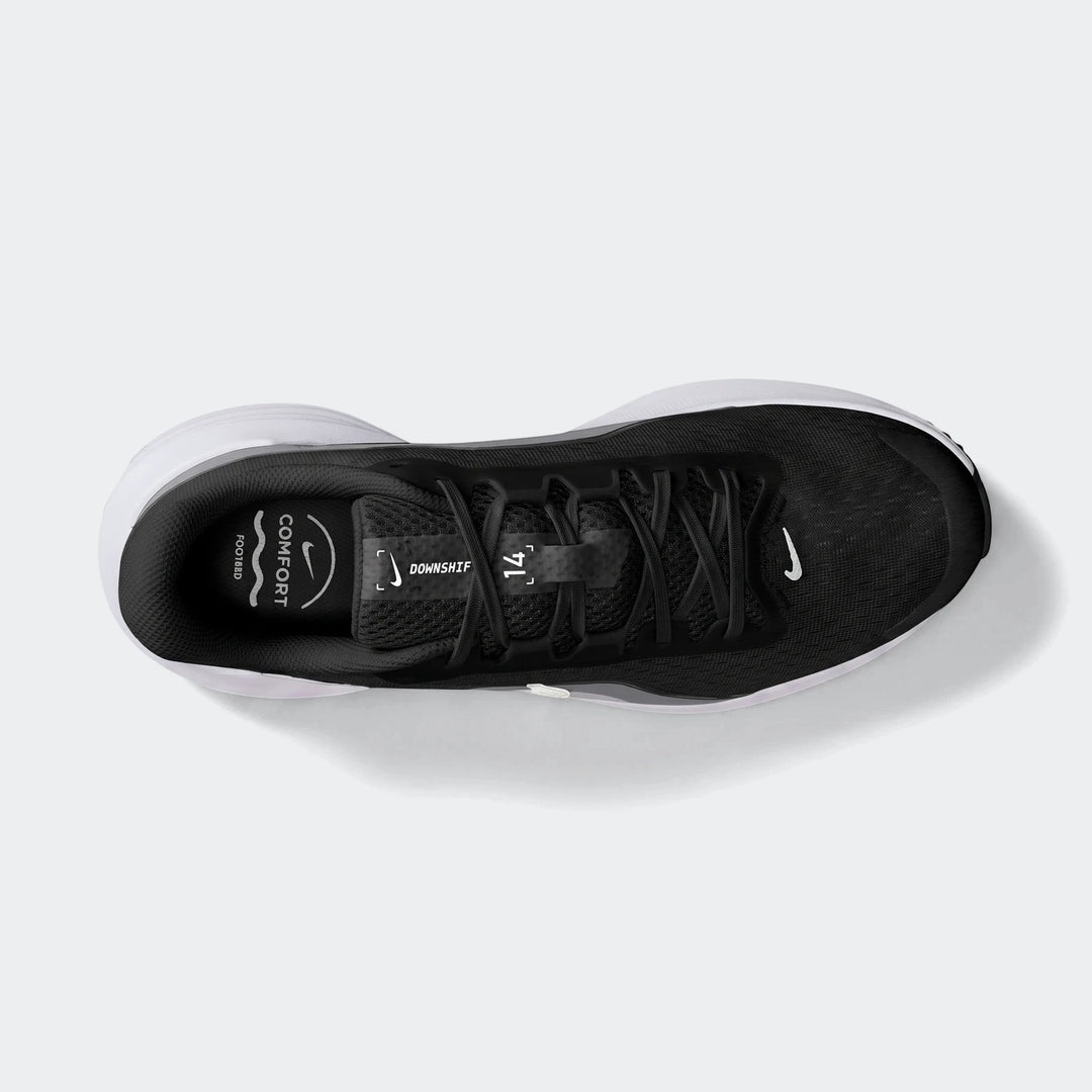 Nike Downshifter 14 black men's road running shoe, featuring white soles and branding, shown from a top-down perspective.