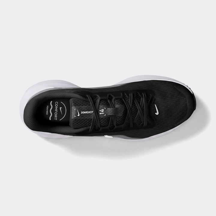 Nike Downshifter 14 black men's road running shoe, featuring white soles and branding, shown from a top-down perspective.