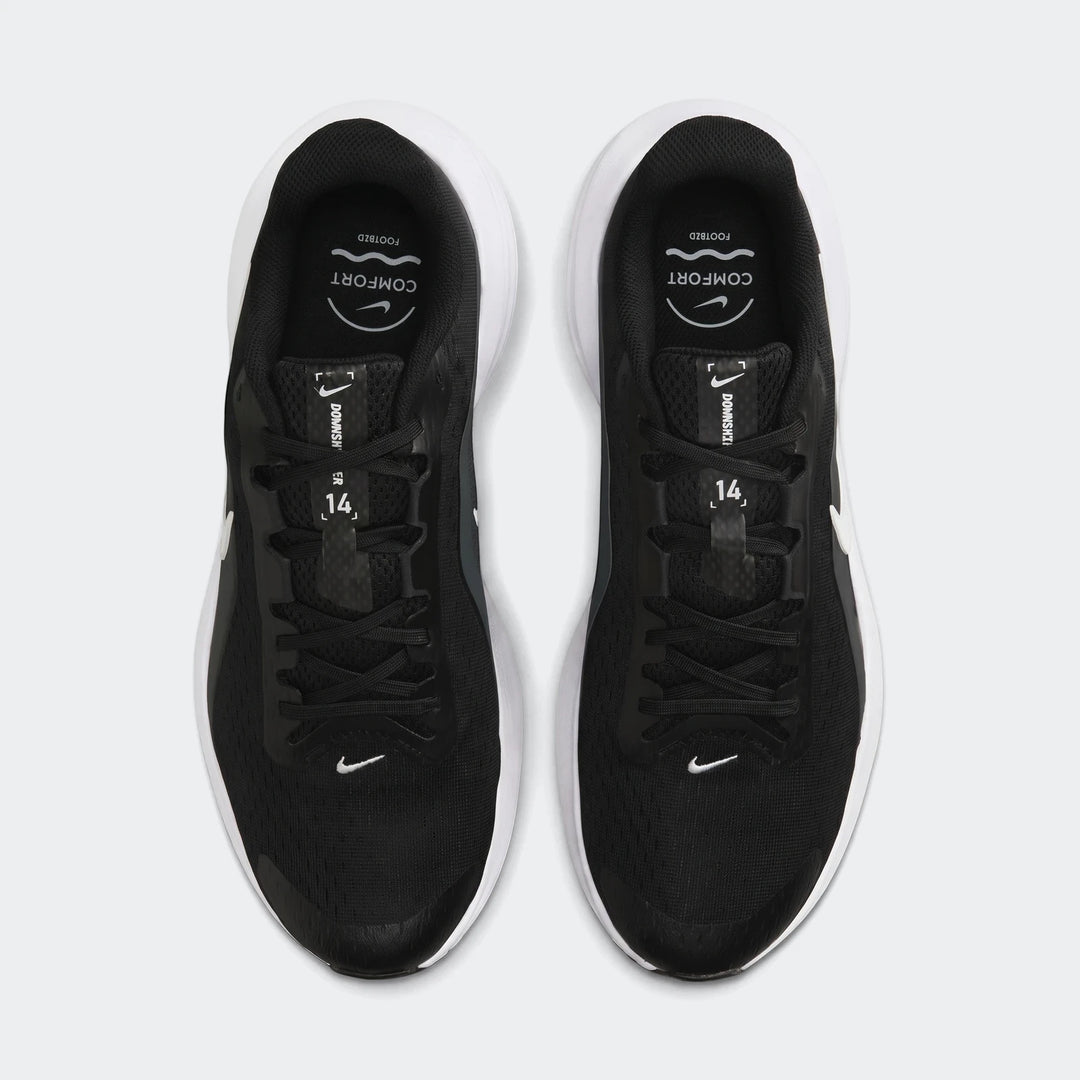 Pair of Nike Downshifter 14 men's road running shoes in black and white, viewed from directly above.