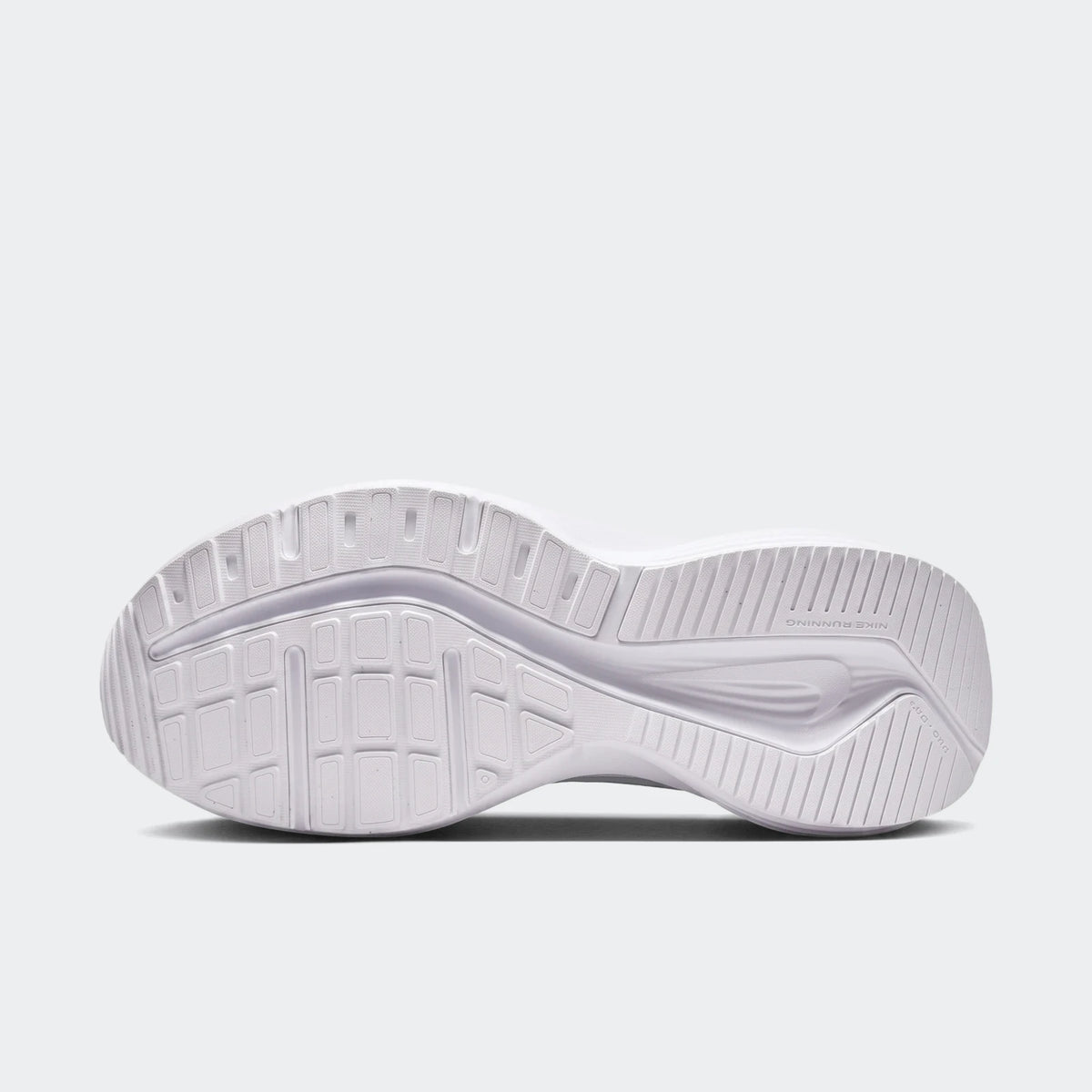 Nike Downshifter 14 white sneakers shown from the bottom, featuring a textured rubber outsole with grip pattern.