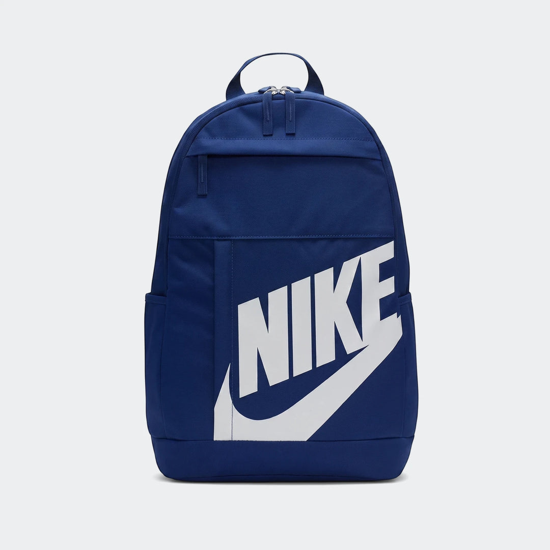 Front view of a navy blue Nike Elemental backpack, featuring a large white Nike logo, two zippered compartments, and side