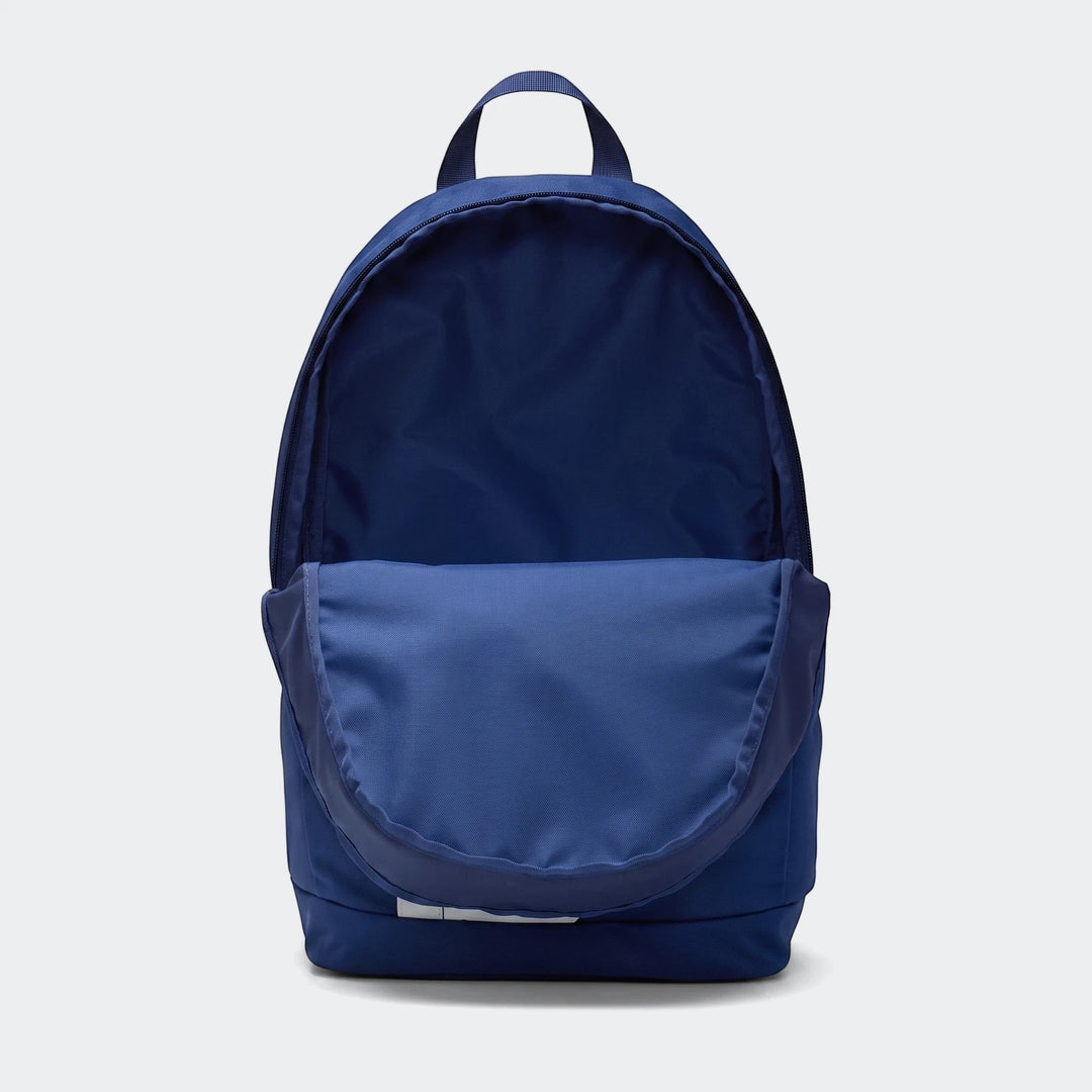 Blue Nike Elemental Backpack (21L) shown from the front with the main compartment and front pocket open, suitable for school
