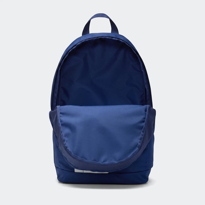 Blue Nike Elemental Backpack (21L) shown from the front with the main compartment and front pocket open, suitable for school