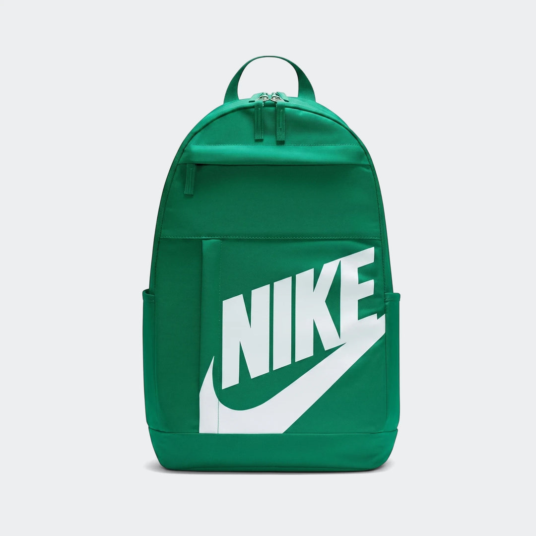 Green Nike Elmntl Bkpk Hbr(21L) backpack featuring a prominent white Nike logo, viewed from the front.