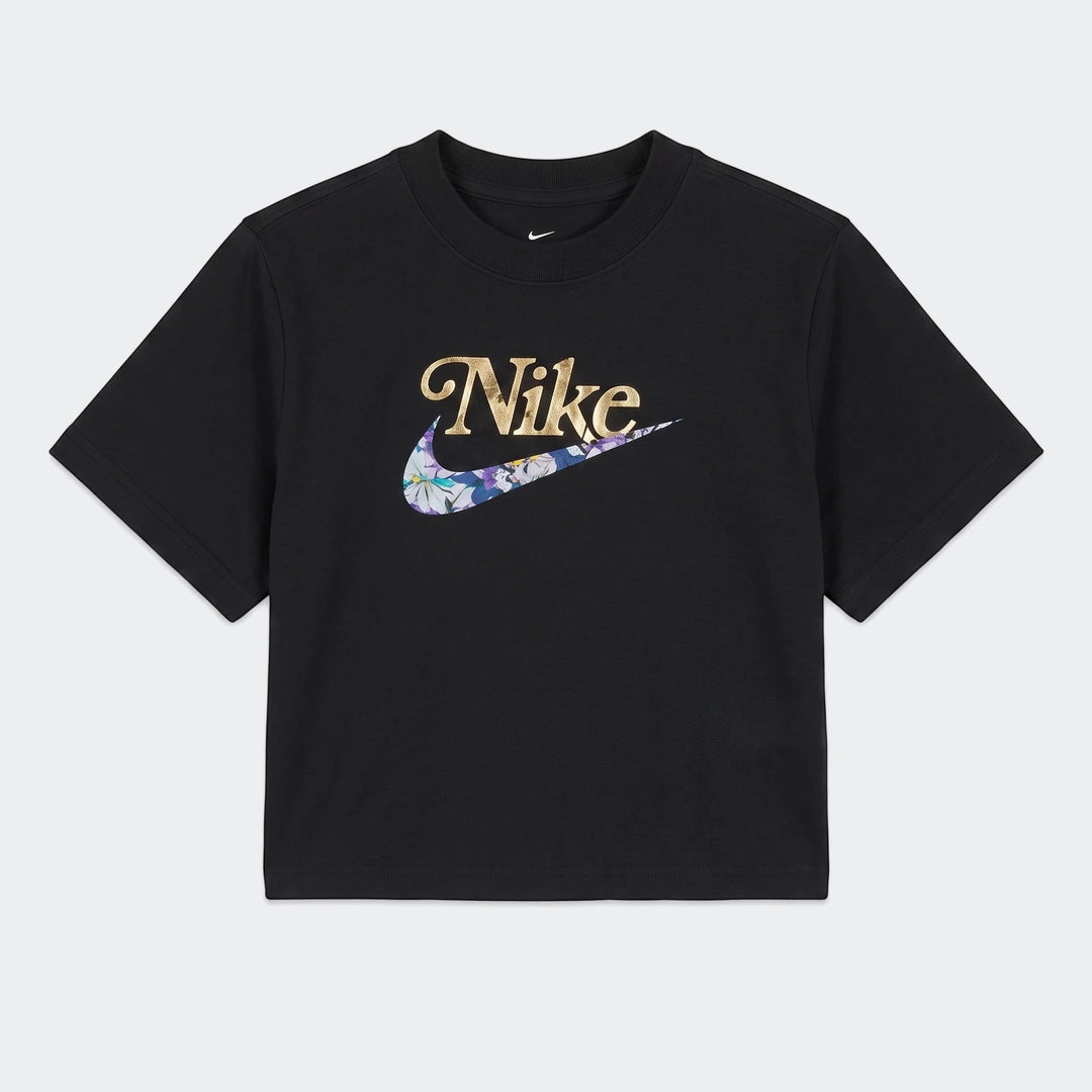 Black Nike G Nsw Tee Boxy Vrzty t-shirt for women, featuring a vibrant floral-patterned swoosh and metallic gold Nike text