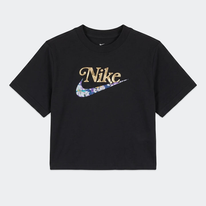 Black Nike G Nsw Tee Boxy Vrzty t-shirt for women, featuring a vibrant floral-patterned swoosh and metallic gold Nike text