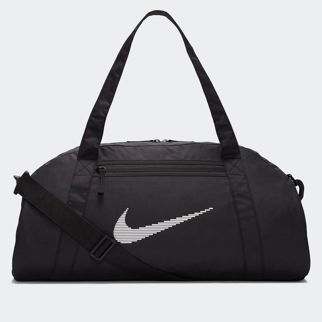 Black Nike Gym Club Bag with a white Nike swoosh logo, featuring both carry handles and an adjustable shoulder strap for