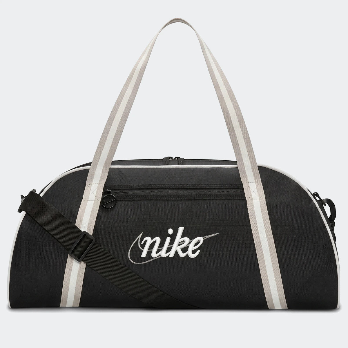 Black Nike Gym Club duffel bag with white Nike script logo and striped handles, featuring an adjustable shoulder strap for