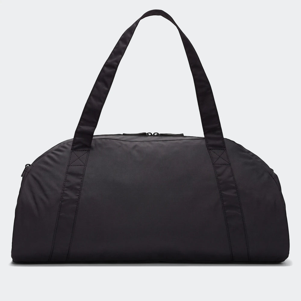 Black Nike Gym Club Bag with two top zippers and a side zipper, shown from the front with carrying handles.
