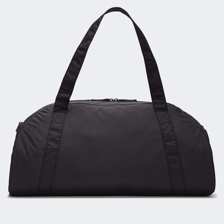 Black Nike Gym Club Bag with two top zippers and a side zipper, shown from the front with carrying handles.