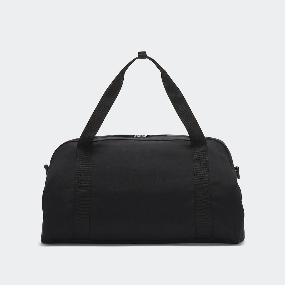 Black Nike Gym Club duffel bag with dual top carry handles and zipper closure, shown from a front view. Ideal for sports or