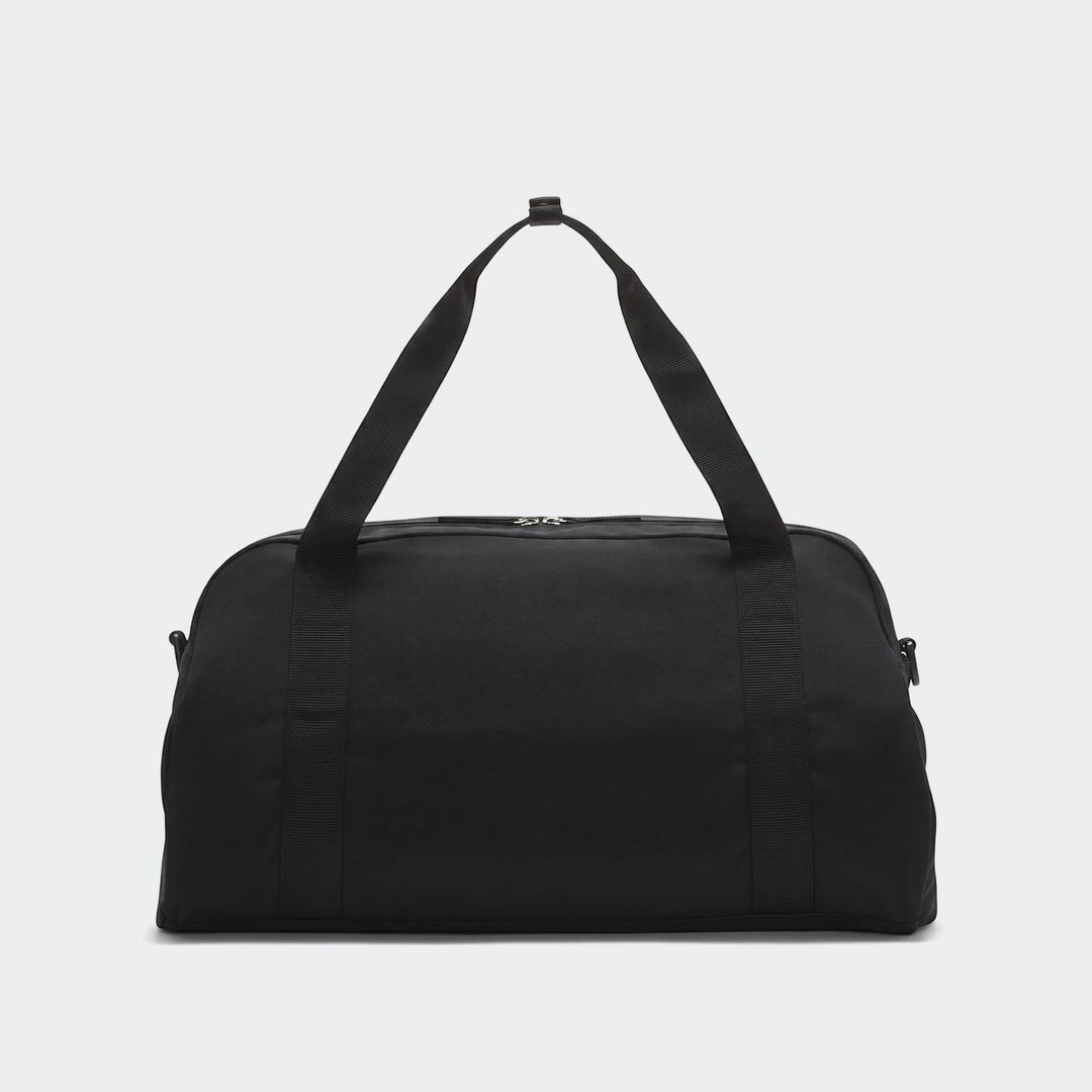 Black Nike Gym Club duffel bag with dual top carry handles and zipper closure, shown from a front view. Ideal for sports or