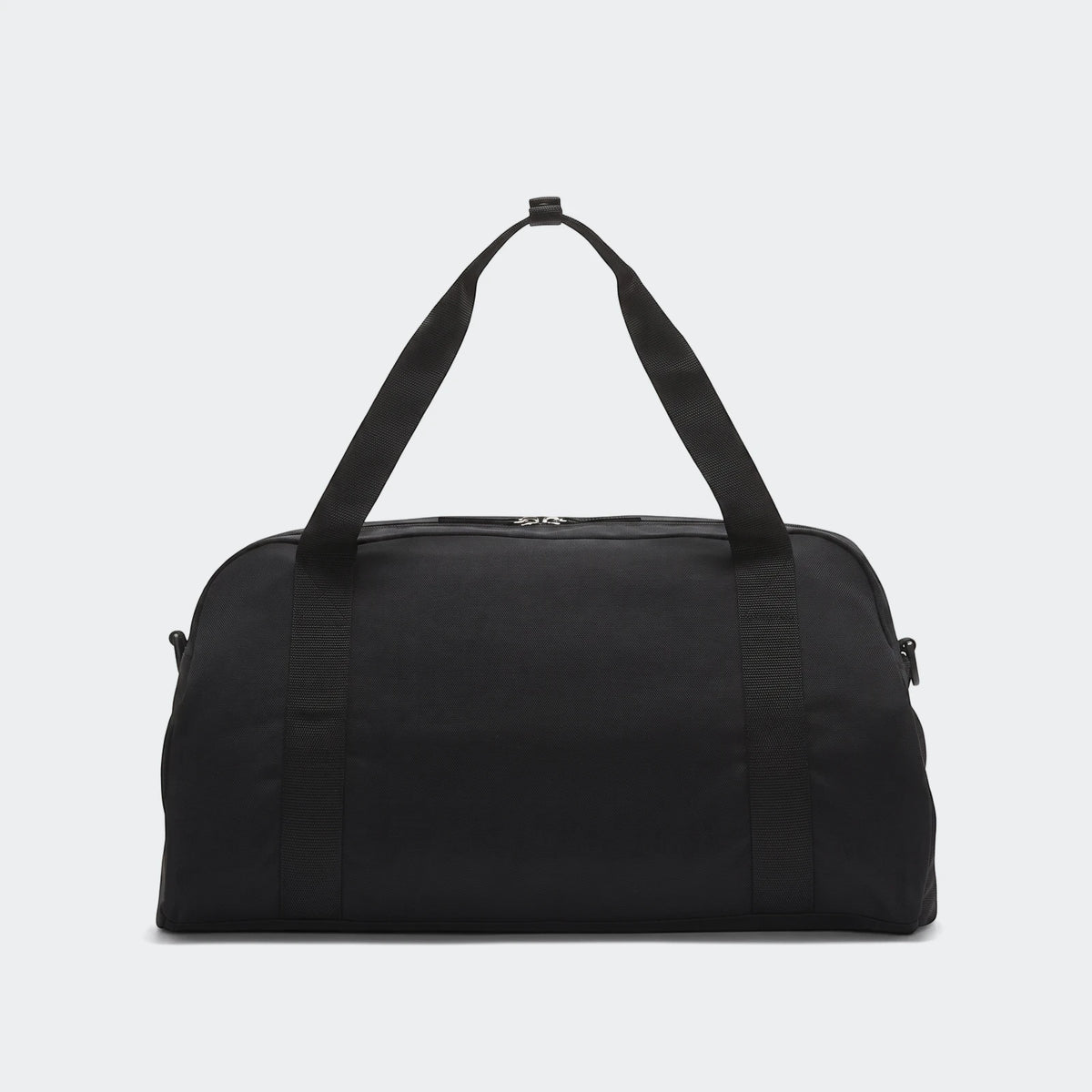 Black Nike Gym Club duffel bag with dual top carry handles and zipper closure, shown from a front view. Ideal for sports or