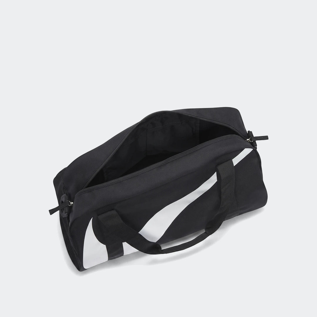 Black Nike Gym Club duffel bag with a white swoosh logo, shown open and angled on a clean background.