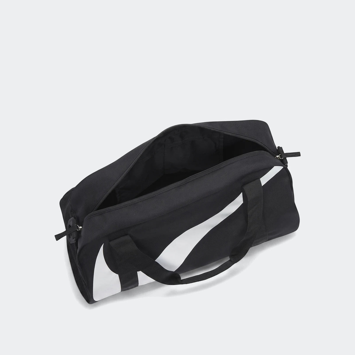 Black Nike Gym Club duffel bag with a white swoosh logo, shown open and angled on a clean background.