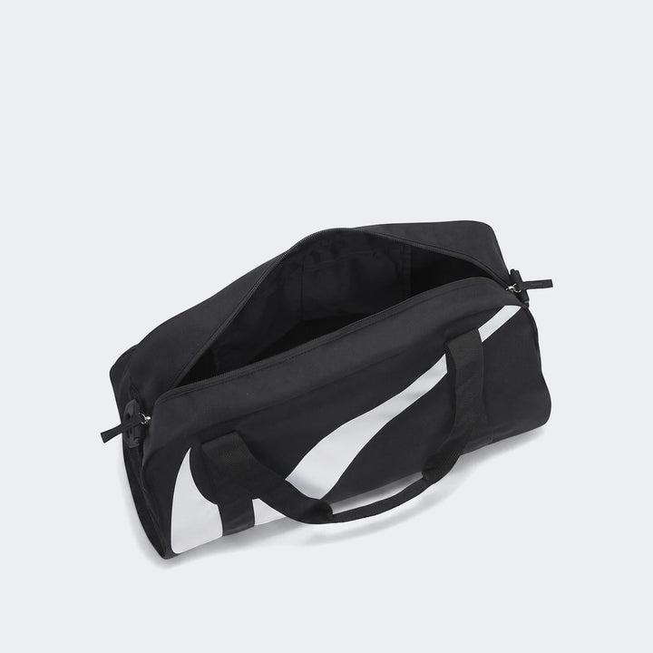 Black Nike Gym Club duffel bag with a white swoosh logo, shown open and angled on a clean background.