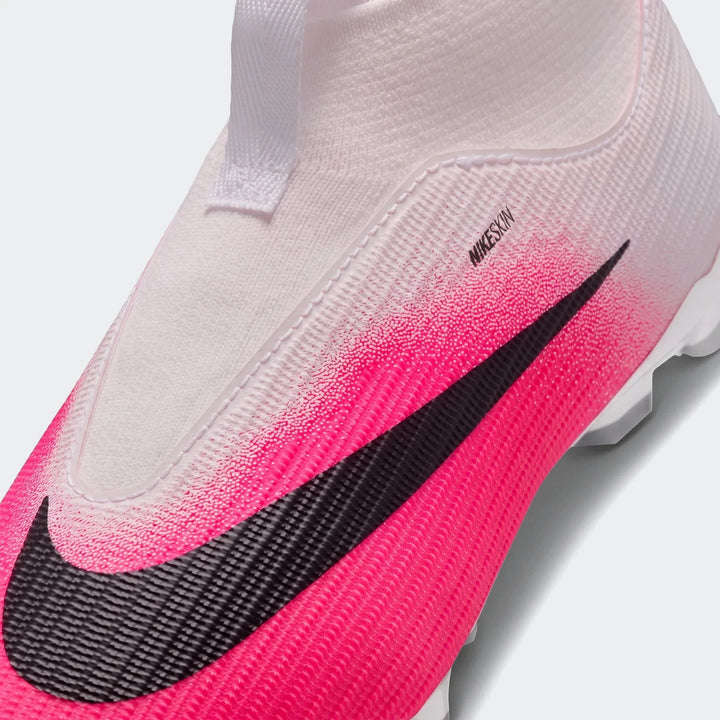 Nike Jr. Mercurial Superfly 11 Academy Big Kids' Multi-Ground High-Top Soccer Cleat in vibrant pink, white, and black with a
