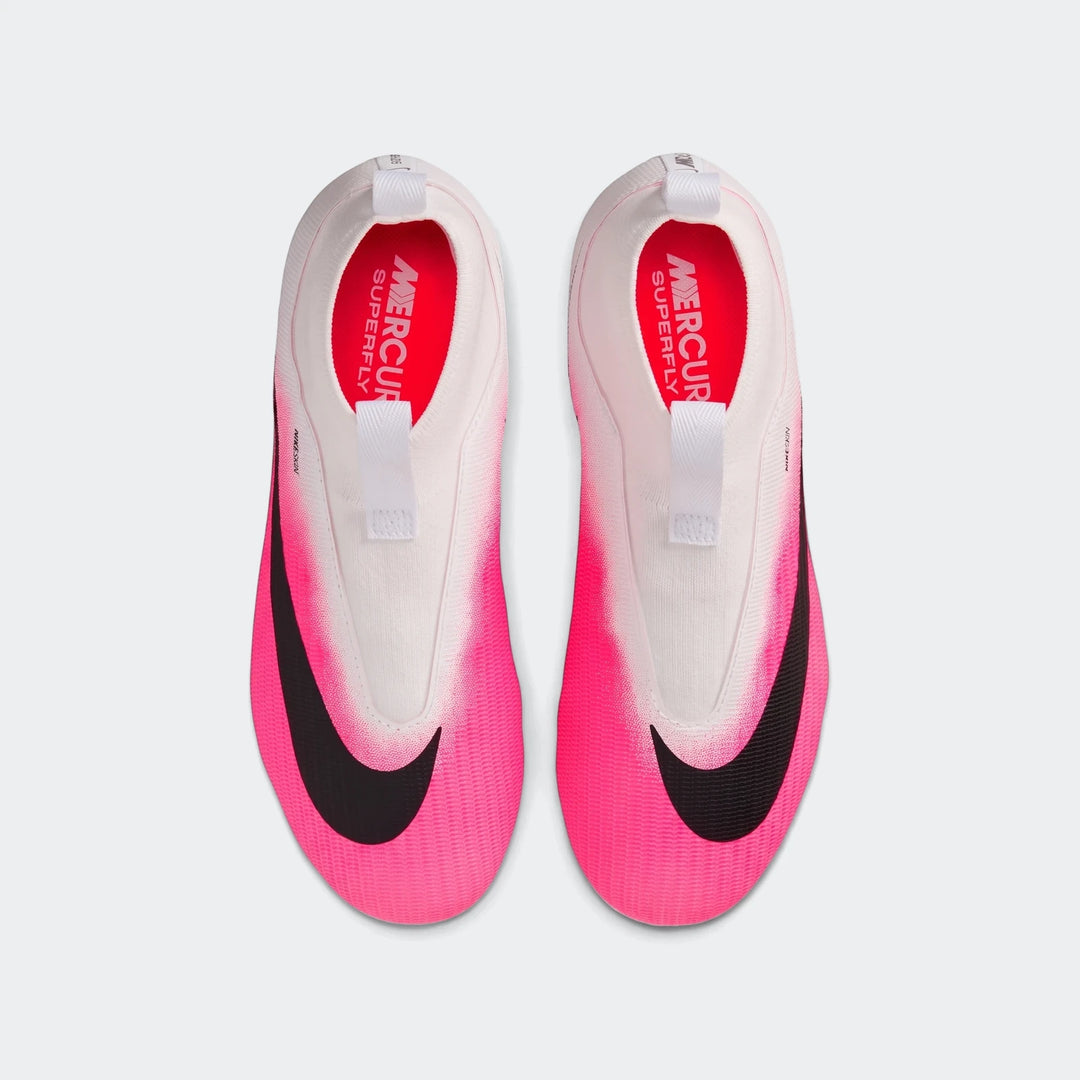Pair of Nike Jr. Mercurial Superfly 11 Academy big kids' multi-ground high-top soccer cleats in vibrant pink, white, and