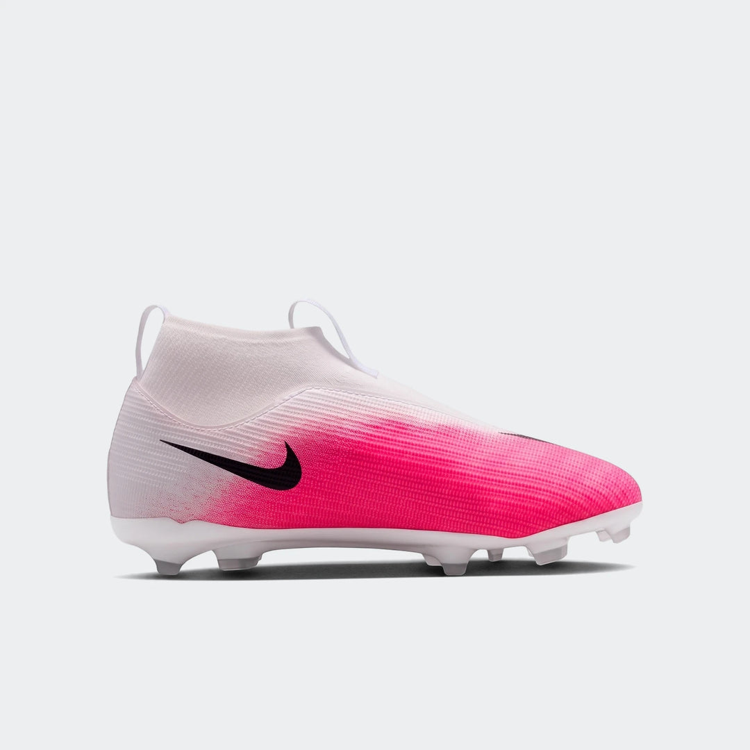 Nike Jr. Mercurial Superfly 11 Academy high-top soccer cleats in white and vibrant pink, side view.