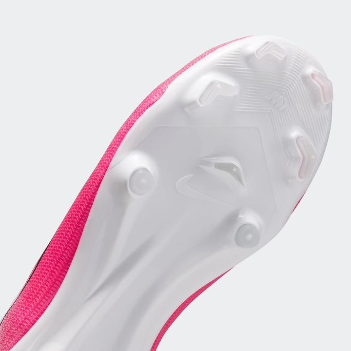 Nike Jr. Mercurial Superfly 11 Academy Big Kids' Multi-Ground High-Top Soccer Cleats in pink and white, showing the sole and