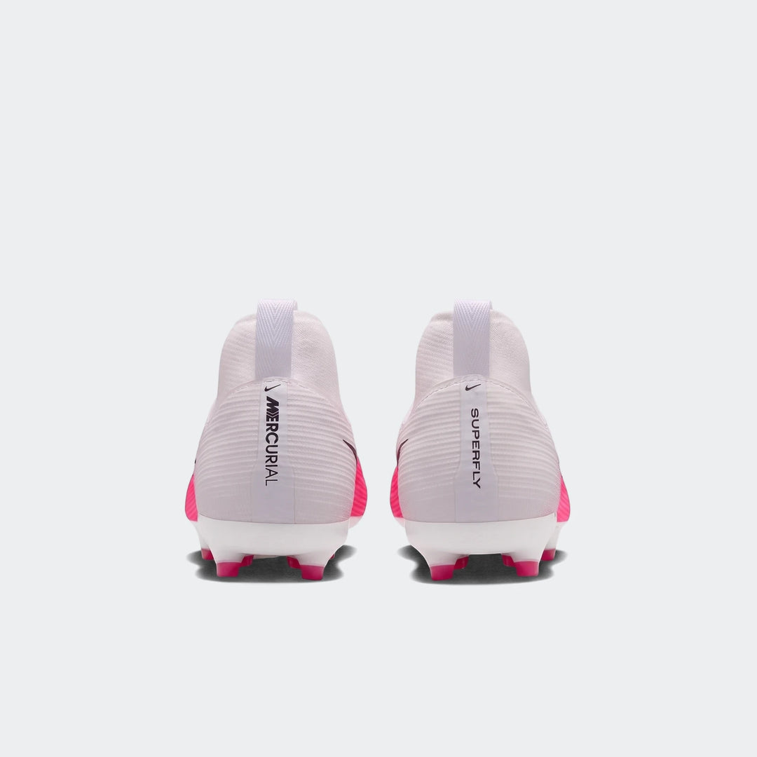 Back view of two Nike Jr. Mercurial Superfly 11 Academy high-top soccer cleats in white and pink, with visible 'MERCURIAL'