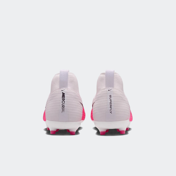 Back view of two Nike Jr. Mercurial Superfly 11 Academy high-top soccer cleats in white and pink, with visible 'MERCURIAL'