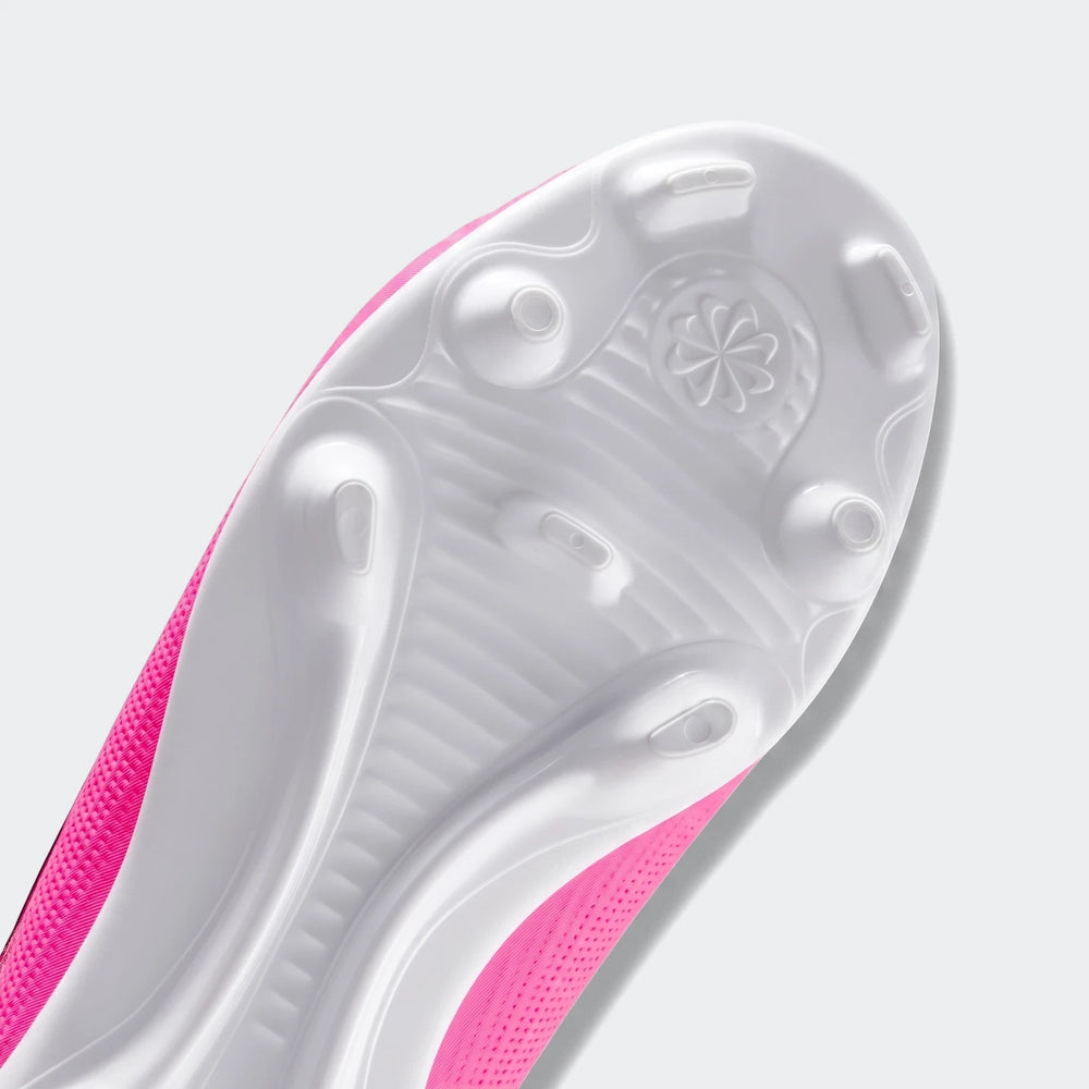 Nike Jr. Mercurial Superfly 11 Club Big Kids' Multi-Ground soccer cleat, bottom-up angled view, pink and white.