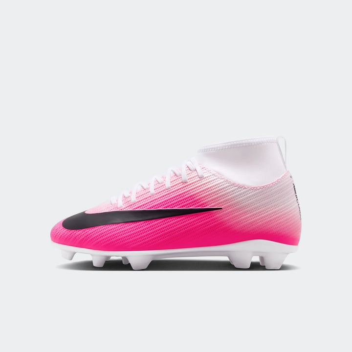 Nike Jr. Mercurial Superfly 11 Club Big Kids' multi-ground soccer cleat in pink and white, high-top design, shown from the