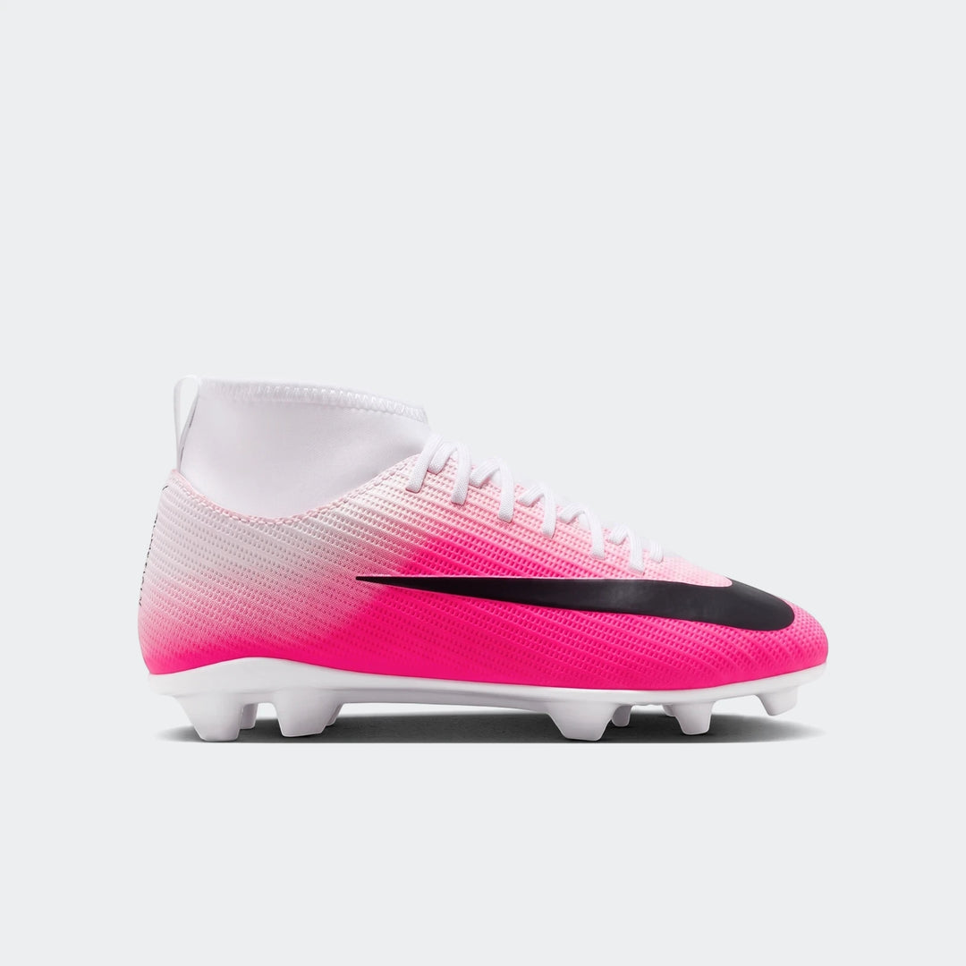 Nike Jr. Mercurial Superfly 11 Club high-top multi-ground soccer cleat in a pink and white gradient with a black swoosh logo.
