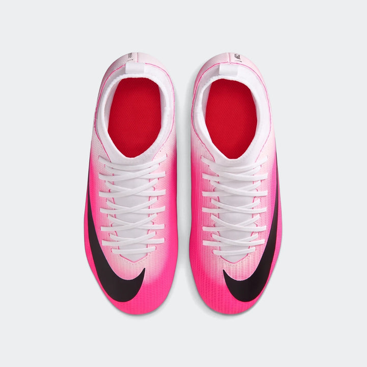 Pink and white Nike Jr. Mercurial Superfly 11 Club Big Kids' Multi-Ground High-Top Soccer Cleats with black swoosh, top-down