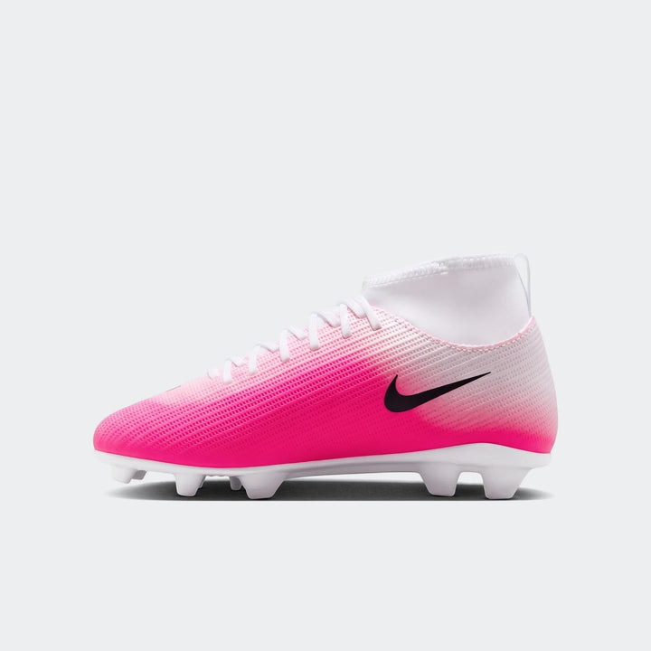 Nike Jr. Mercurial Superfly 11 Club Big Kids' Multi-Ground High-Top Soccer Cleats in pink and white, side profile.