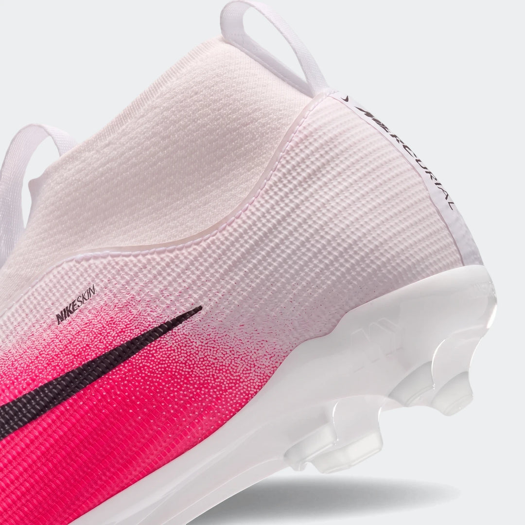Nike Jr. Mercurial Superfly 11 Academy kids' high-top soccer cleat in white and pink, close-up view of heel.