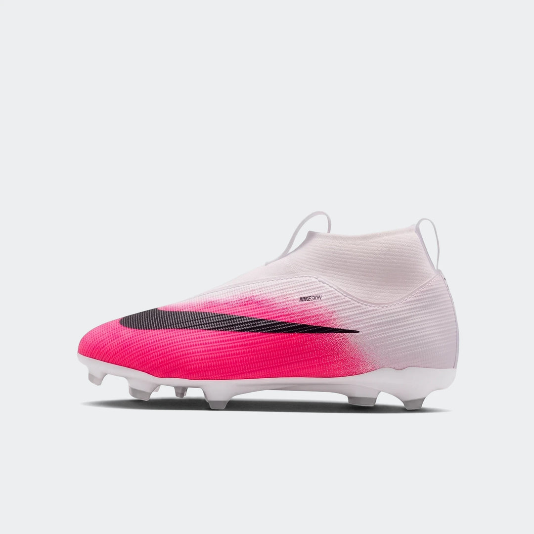 Nike Jr. Mercurial Superfly 11 Academy Big Kids' Multi-Ground High-Top Soccer Cleat in pink, white, and black, shown from