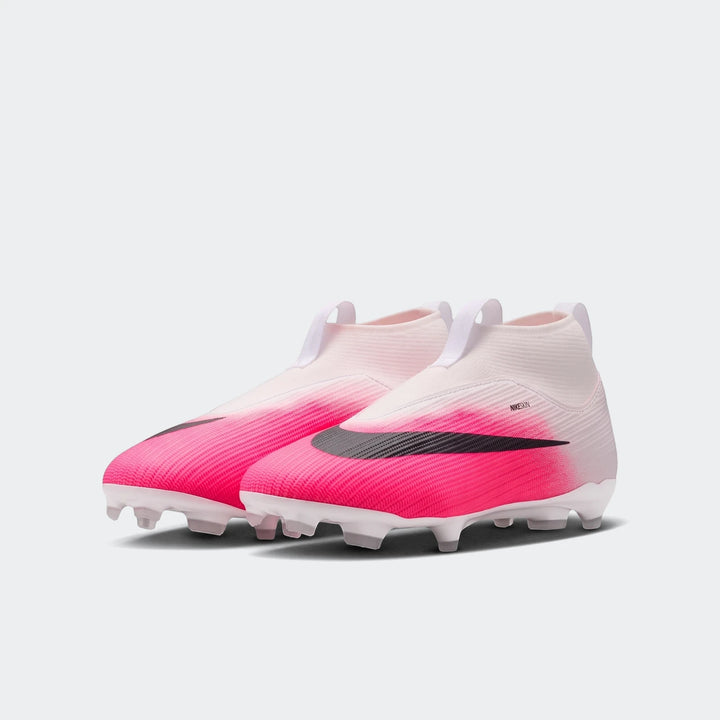 Pair of Nike Jr. Mercurial Superfly 11 Academy Big Kids' multi-ground high-top soccer cleats in vibrant pink, white, and
