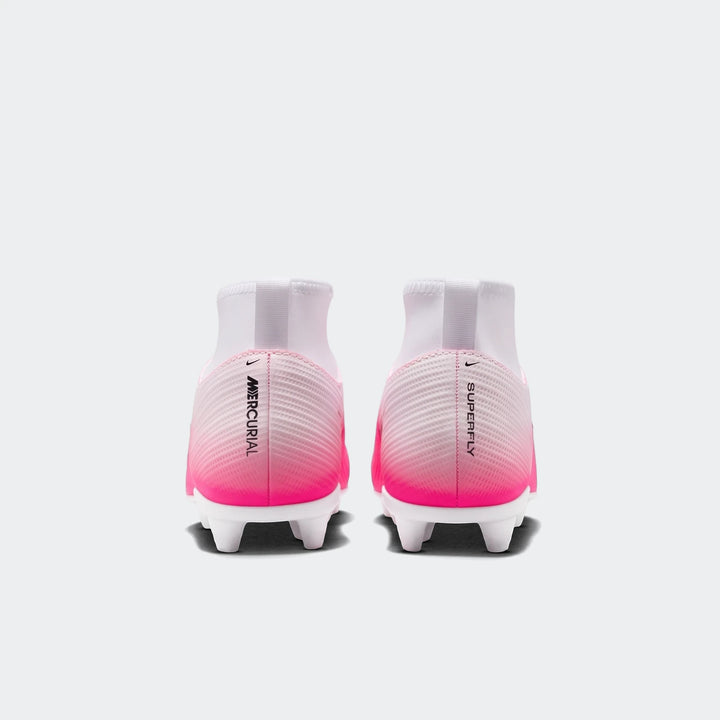 Back view of two Nike Jr. Mercurial Superfly 11 Club Big Kids' high-top soccer cleats in white and hot pink.