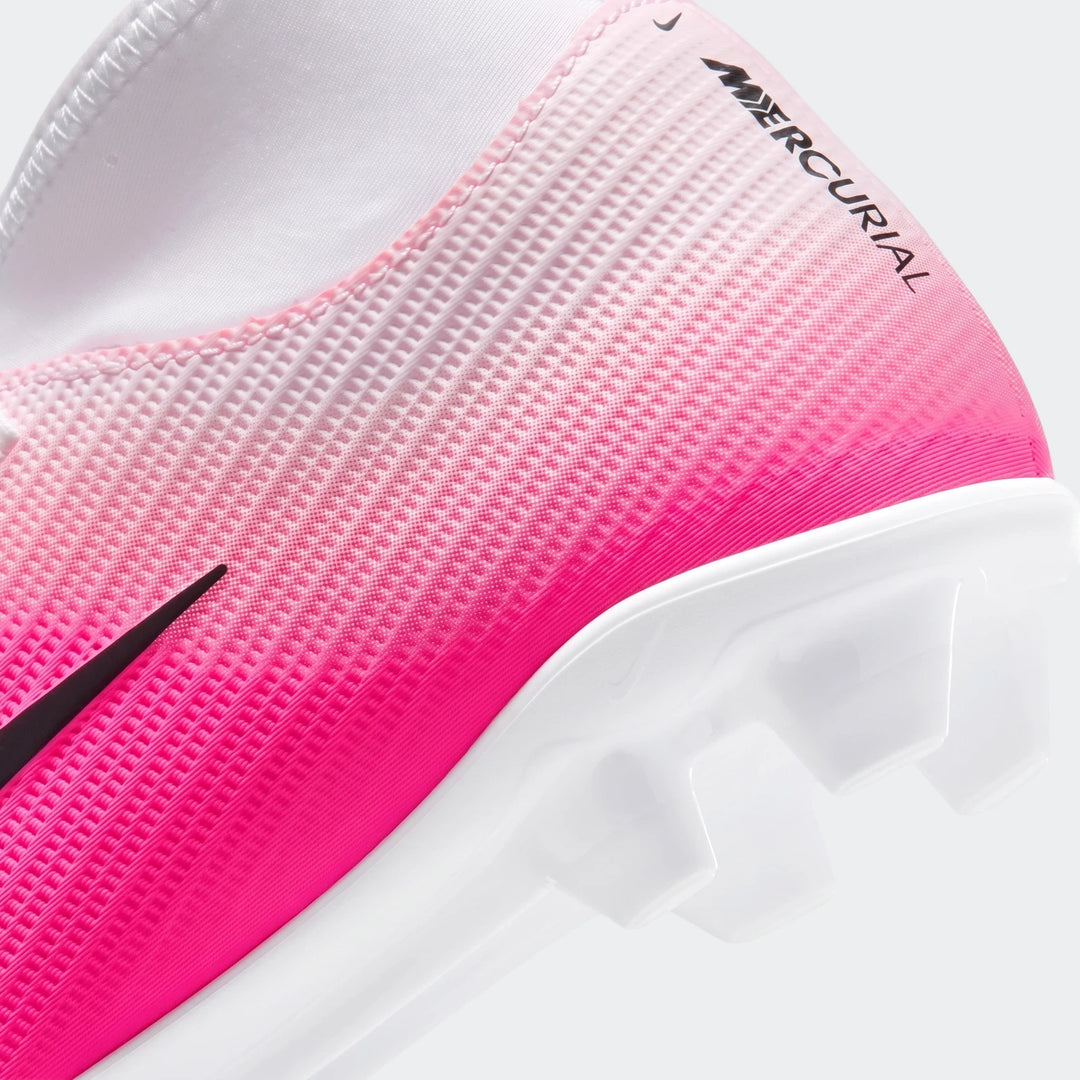 Close-up of a pink and white Nike Jr. Mercurial Superfly 11 Club Big Kids' Multi-Ground high-top soccer cleat, showing the