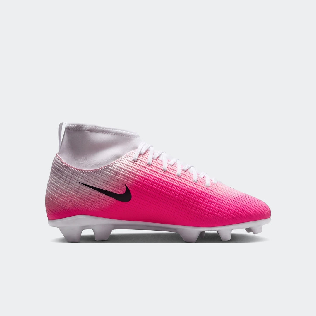Nike Jr. Mercurial Superfly 11 Club Big Kids' Multi-Ground High-Top Soccer Cleats in vibrant pink, white, and black, viewed