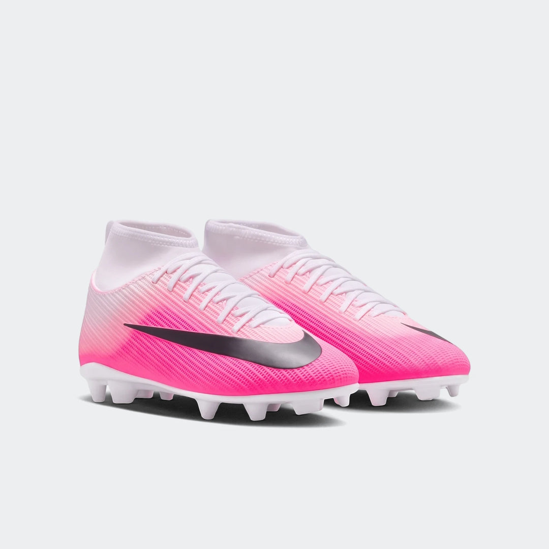 Nike Jr. Mercurial Superfly high-top soccer cleats in vibrant pink and white, designed for multi-ground play.