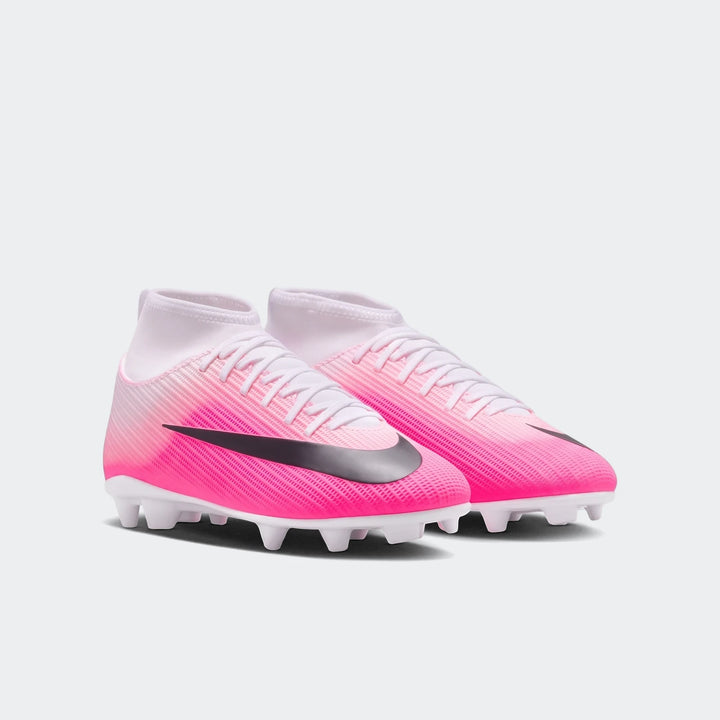 Nike Jr. Mercurial Superfly high-top soccer cleats in vibrant pink and white, designed for multi-ground play.