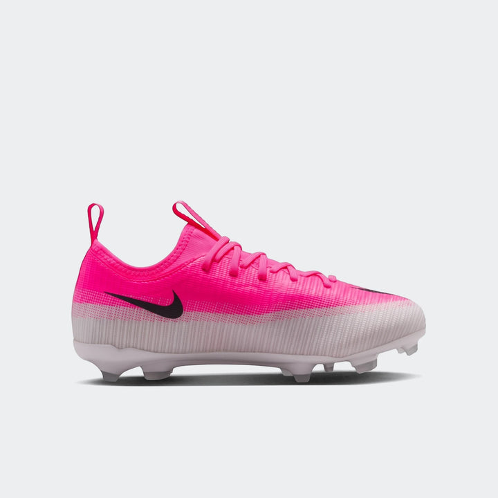 Nike Jr. Mercurial Vapor 17 Academy Big Kids' multi-ground low-top soccer cleats in hot pink and white, side view.