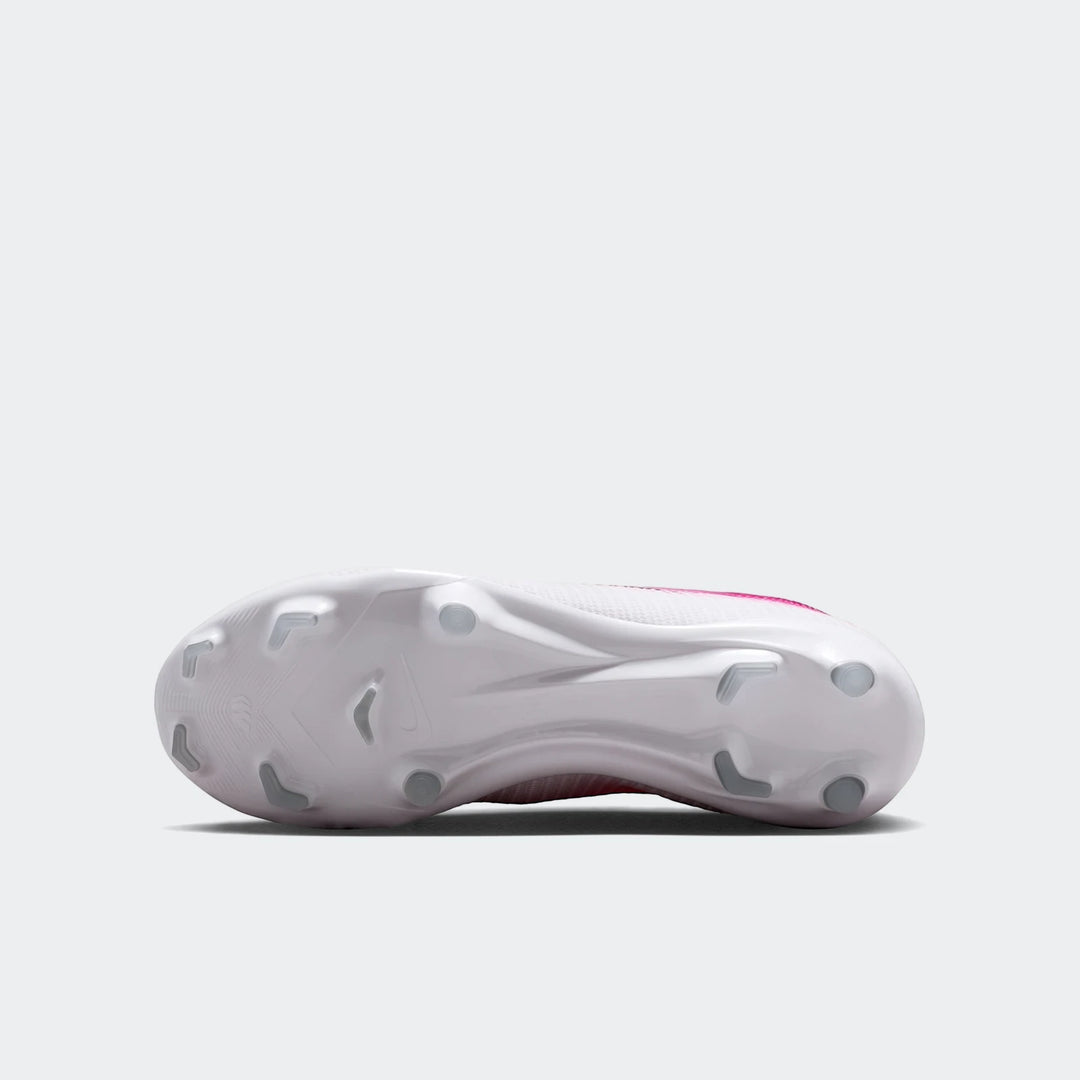 Nike Jr. Mercurial Vapor 17 Academy Big Kids' Multi-Ground Low-Top Soccer Cleats in a striking white and vibrant pink