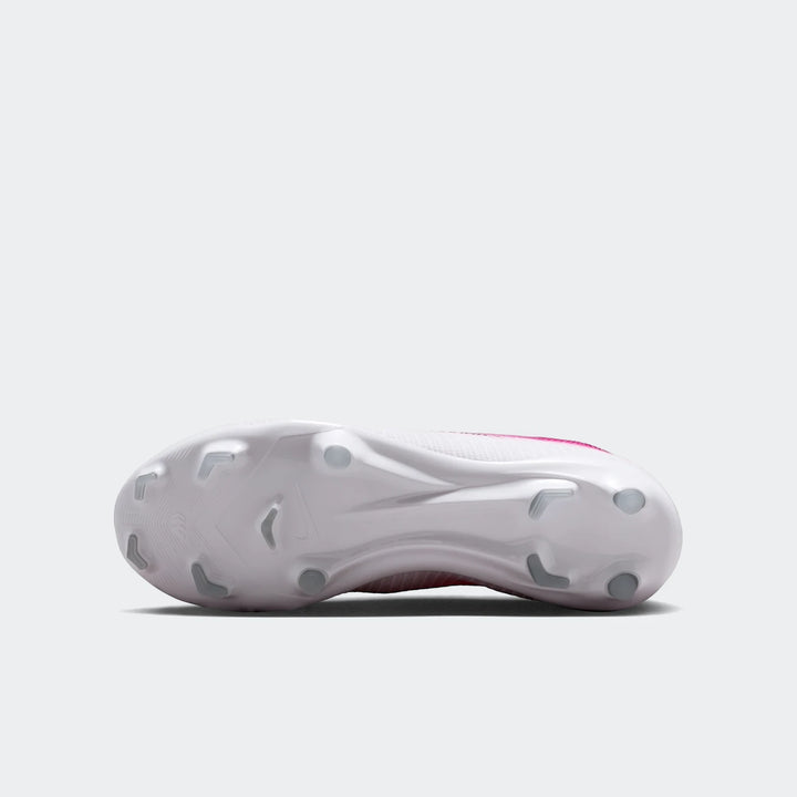 Nike Jr. Mercurial Vapor 17 Academy Big Kids' Multi-Ground Low-Top Soccer Cleats in a striking white and vibrant pink