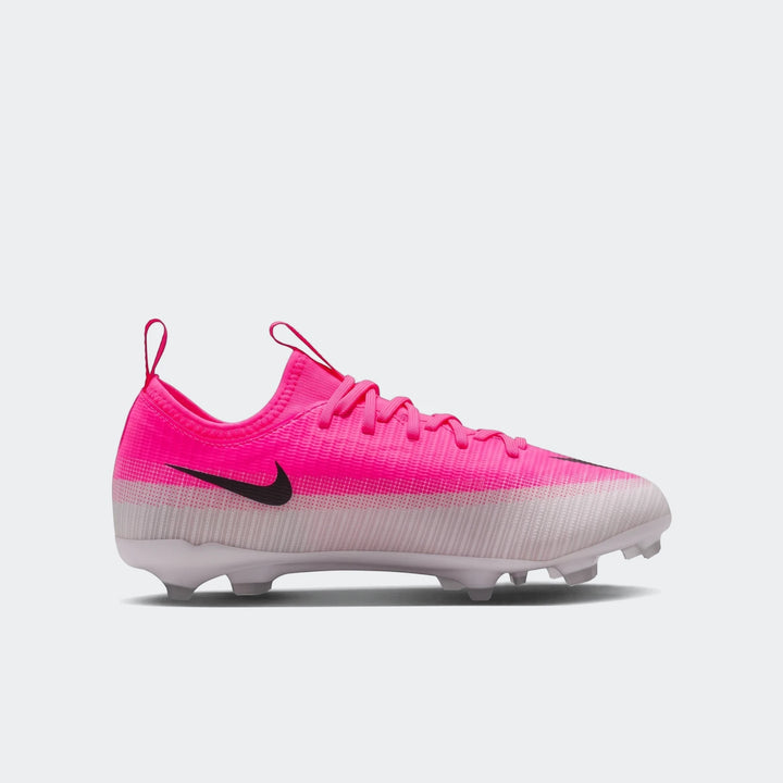 Nike Jr. Mercurial Vapor 17 Academy Big Kids' Multi-Ground Low-Top Soccer Cleat in vibrant pink and white, with a black